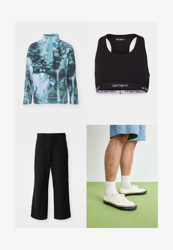 Flis pulover u plavoj i tirkiznoj boji, s polu-zip zatvaračem i pritisnim kopčama, džepom na grudima i teksturiranom, uzorkovanom površinom.; Crna sportska grudnjak s okruglim izrezom i dizajnom s racerback. Ima ojačan pojas s bijelim "carhartt" brendingom. Mekana tekstura tkanine.; Crne široke hlače izrađene od mekog materijala, s prednjim džepovima i kopčanjem na dugme u struku. Minimalistički dizajn bez vidljivih uzoraka.; Bijele platnene tenisice s crnim gumennim potplatima, nošene s bijelim rebrastim čarapama. Traper šortsevi i zelena podloga u pozadini.