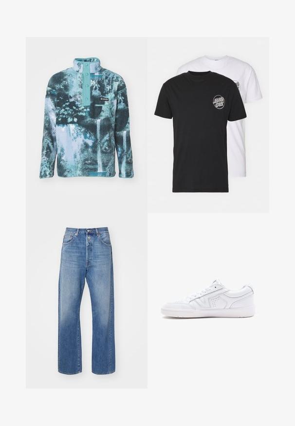 Sinine ja teal värvi fliispullover, millel on pool tõmblukk ja nupuga kinnised, rinna tasku ning tekstuuriga mustris pind.; Kaks t-särki komplekt: üks must, teine valge. Mõlemal on lühikesed varrukad ja rinnal kontrastse värviga ümmargune logo. Puuvillane materjal.; Heledad sinine denimid, sirge lõikega, nuppega sulgemisega, viie taskuga ja kangal on kerge hõõrdumine.; Valge nahast tenniseking, millel on madala ülaosa disain, ümar varvas, perforatsioonid ja tekstuuriga tald. Kaasas on paelad ja diskreetne õmblusaktsent.