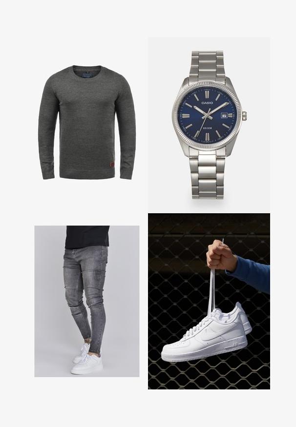 Gray knit sweater featuring a crew neckline, long sleeves, and ribbed cuffs and hem. Small brown label at the lower left side.; Skinny jeans in faded gray denim, featuring distressed details at the knees, paired with white sneakers. Smooth texture, slim fit design.; White leather sneakers with perforations, round toe, flat sole, and thick laces, featuring a visible swoosh logo and "AIR" on the heel.; Silver stainless steel wristwatch with a navy blue dial, metallic hour markers, and a date window at 3 o'clock. Water-resistant to 50 meters.