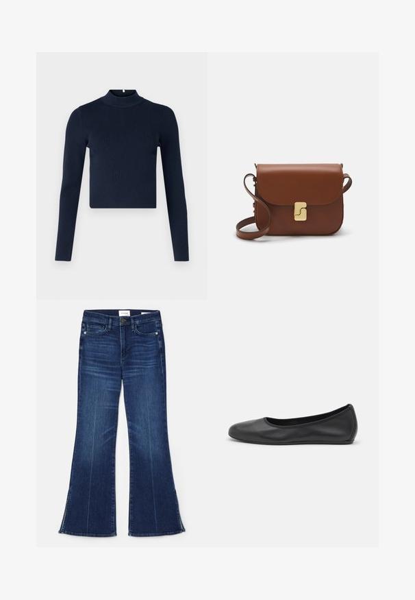 Top lung cu mânecă lungă de culoare bleumarin, cu gât înalt și un design scurt. Fabricat dintr-un material texturat, cu un stil minimalist.; Jeans evazate de culoare albastră închisă, fabricate din denim. Prezintă o talie înaltă, buzunare frontale și detalii cu fante la tiv. Design clasic cu cinci buzunare.; Balerini din piele neagră, cu vârf rotund, textură netedă, detalii de cusătură minimale și un design al tălpii flexibil.; Geantă de piele maro cu închidere tip capac, accesorii de culoare aurie, curea de umăr și o textură netedă. Formă compactă și rectangulară.