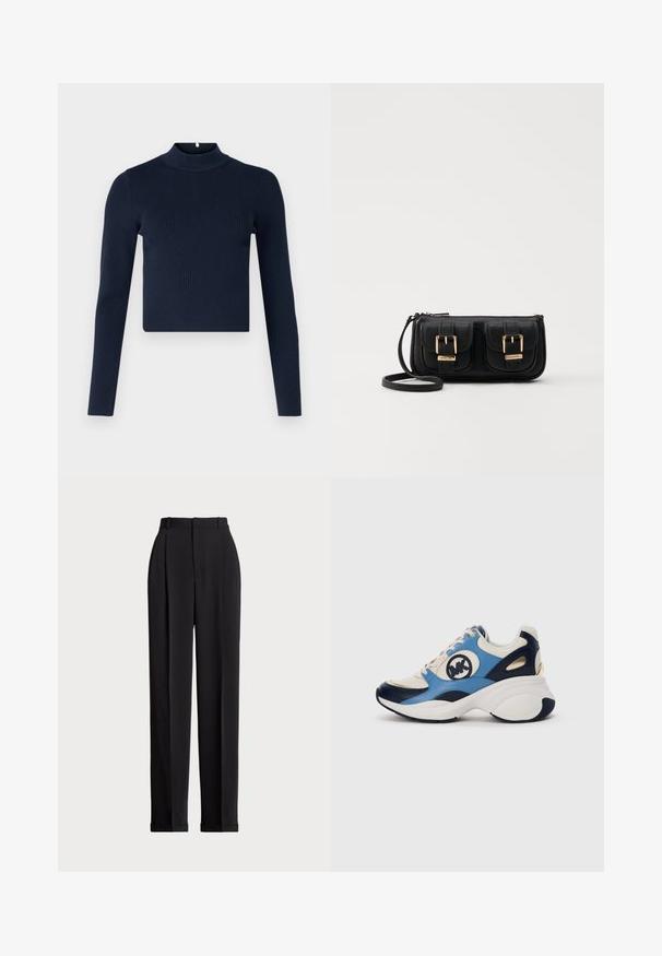 Temně modrý žebrovaný top s dlouhým rukávem, vysokým límcem a zkráceným střihem. Vyrobený z texturované látky v minimalistickém stylu.; Černé elegantní kalhoty s vysokým pasem, zdobené sklady vpředu, rovný střih nohavic a cuffed lem. Vyrobeno z hladké látky.; Bílé, námořnické a světle modré semišové tenisky s robustní podrážkou a kulatým výšivkovým logem na boku.; Černá kožená crossbody taška se dvěma předními kapsami, zlatými přezkami, zipovým uzávěrem a štíhlým popruhem. Texturovaný povrch a kompaktní obdélníkový tvar.