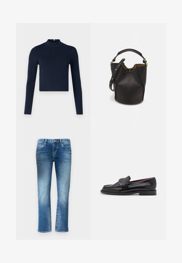 Top a maniche lunghe ribbed blu navy con collo alto e design cropped. Realizzato in tessuto testurizzato dallo stile minimalista.; Jeans in denim azzurro chiaro con un design a gamba dritta, sfumature sottili e vita media. Presenta cinque tasche e passanti per cintura.; Mocassini neri in pelle con un motivo cucito, texture liscia, dettaglio con fibbia dorata e punta arrotondata, posizionati su una suola bassa nera.; Borsa a secchiello in pelle nera con finitura testurizzata, dettagli in metallo dorato e apertura superiore. Presenta una maniglia corta e una tracolla regolabile.