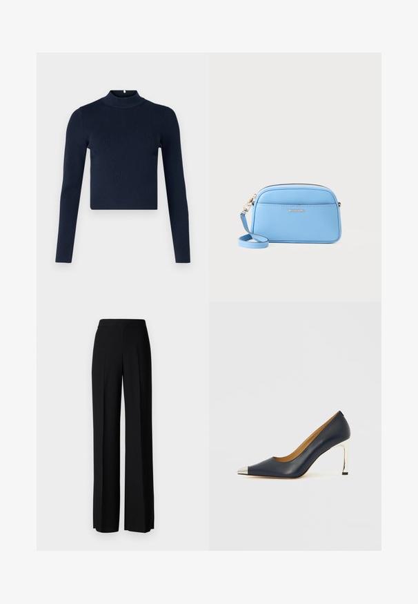 Námornícky modré rebrované tričko s dlhými rukávmi a vysokým golierom s krátkym strihom. Vyrobené z textúrovanej látky s minimalistickým štýlom.; Čierne široké nohavice s hladkým povrchom, s vysokým pásom a stredovými skladmi. Žiadne viditeľné vzory ani hardvérové detaily.; Tmavomodrá kožená lodička na vysokom opätku so špicatou špičkou, vybavená strieborným metalickým púzdrom a lesklým strieborným štíhlym opätkom.; Svetlomodrá kožená crossbody taška so zlatými detailmi, zipsom a prednou vreckom. Obsahuje nastaviteľný popruh pre pohodlné nosenie.