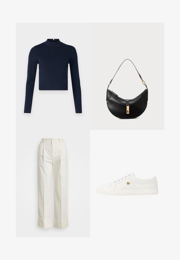 Navyblauw geribbelde langemouwen top met een hoge hals en een cropped ontwerp. Gemaakt van textuurstof met een minimalistische stijl.; Witte, op maat gemaakte broek met een hoge taille, dubbele voorplooien en brede pijpen met omgeslagen manchet. Gemaakt van een gladde, gestructureerde stof.; Lauren Ralph Lauren JANSON II CANVAS SNEAKER - Sneakers laag - optic white; Zwarte leren handtas in een halve maanvorm. Voorzien van een gouden hardware accent en een smalle schouderband. Soepele textuur, ritssluiting aan de bovenkant.