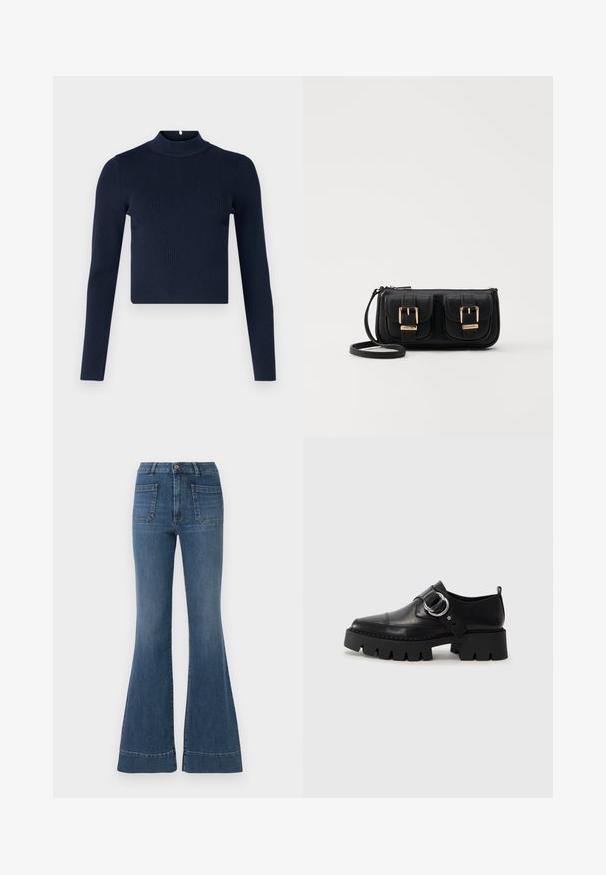 Navyblaues, geripptes Langarmoberteil mit hohem Kragen und cropped Design. Hergestellt aus strukturiertem Stoff im minimalistischen Stil.; Ausgestellte blaue Jeans in mittlerem Waschungsstil mit hoher Taille, fünf Taschen und leichter Ausbleichung um die Knie und Oberschenkel.; Schwarze Leder Schuhe mit einer dicken, gerippten Sohle, die mit einer runden silbernen Hardware-Akzent und minimalen Stickdetails ausgestattet sind.; Schwarze Leder-Umhängetasche mit zwei vorderen Taschen, goldenen Schnallen, Reißverschluss und einem schmalen Tragegurt. Texturierte Oberfläche und kompakte rechteckige Form.