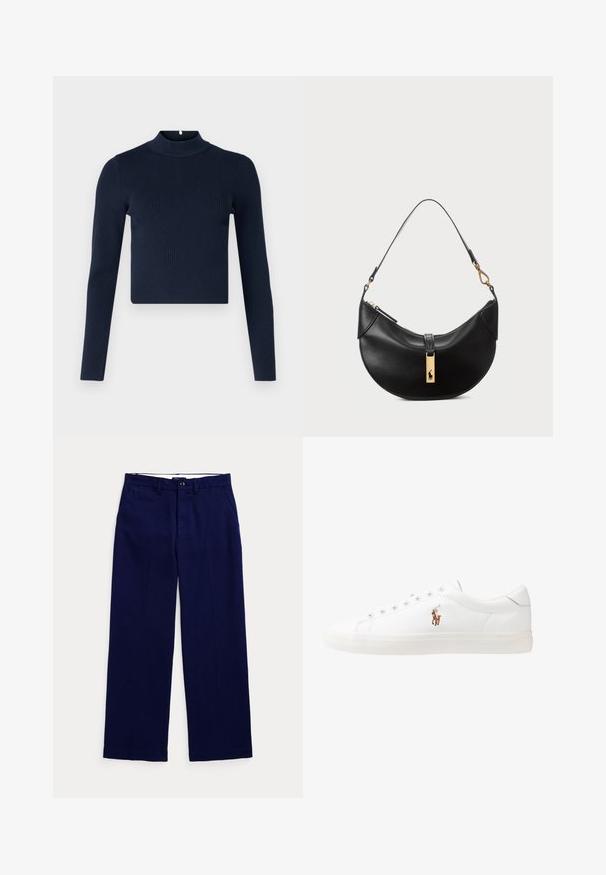 Námornícky modré rebrované tričko s dlhými rukávmi a vysokým golierom s krátkym strihom. Vyrobené z textúrovanej látky s minimalistickým štýlom.; Námornícky modré nohavice s rovnými nohavicami, pútka na opasok, gombíkovým zapínaním a bočnými vreckami na svetlom pozadí.; Biele kožené tenisky s nízkym strihom, s hladkou textúrou, okrúlym špičkou, šnurovaním vpredu a malým vyšitým logom na boku.; Čierna kožená kabelka v tvare polmesiaca. Obsahuje zlaté kovové doplnky a úzku rúčku. Hladká textúra, zips na vrchu.