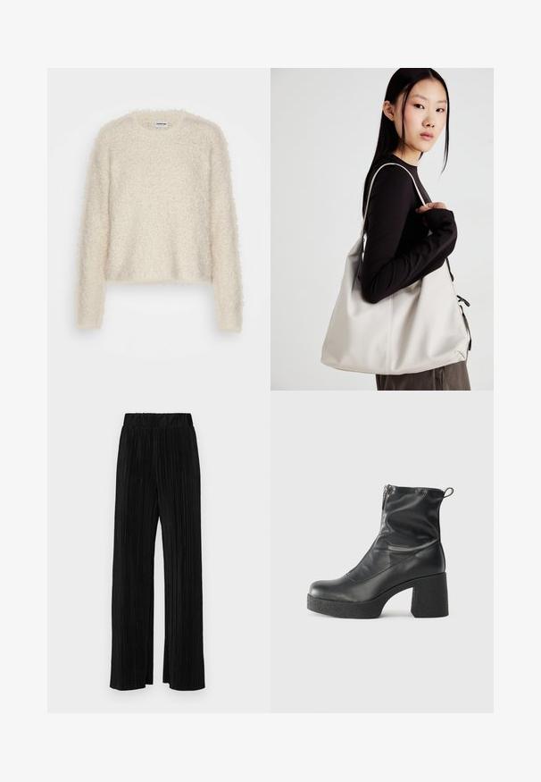 Pūkuotas kreminis megztinis su tekstūruotu mezgimu, ilgomis rankovėmis ir apvalia iškirpte. Trumpas dizainas ir laisvas pritaikymas patogumui.; Juodi plisuoti kelnės su elastine juosta. Turėkite plačias kojas ir glotnų, tekstūrinį audinį su vertikaliais dryžiais.; Juodos kulkšninių botai, pagaminti iš lygaus odos, su šoniniu užtrauktuku, masyviu tekstūruotu kulnu ir apvaliu pirštu.; Bežinė rankinė, pagaminta iš minkštos medžiagos, turinti laisvą dizainą, siuvinėtas detalės ir dvi petnešos. Tinkama kasdieniam naudojimui.