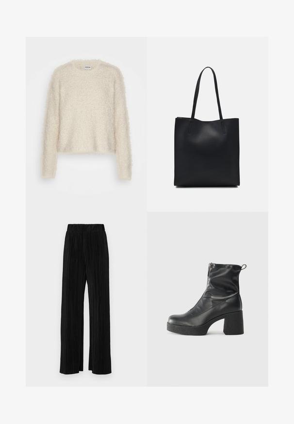 Fluffy cream sweater with a textured knit, long sleeves, and a round neckline. Cropped design and loose fit for comfort.; Black pleated trousers with an elastic waistband. Features wide legs and a smooth, textured fabric with vertical stripes.; Black ankle boots made of smooth leather, featuring a side zipper, chunky textured heel, and rounded toe design.; Black leather tote bag with smooth texture, rectangular shape, and two long handles. No visible hardware or embellishments.