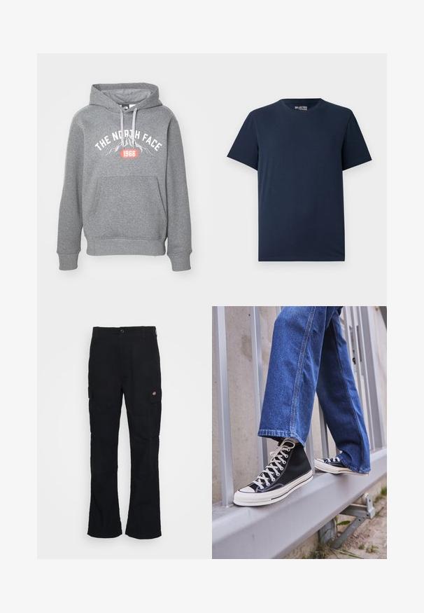 Pilkas gobtuvas, pagamintas iš medvilnės ir sintetinių pluoštų, su priekinėmis kišenėmis kanguru, baltu logotipu ir metais „1966“ ryškiai raudona spalva. Su raištelių uždarymu.; Jūrinės mėlynos spalvos medvilninis T-shirt'as su apvaliu iškirpimu ir trumpomis rankovėmis. Pasižymi paprastu dizainu be raštų ar papuošimų.; Juodos kargo kelnės su tiesiu sijonu, pagamintos iš tvirto audinio, su šoninėmis kišenėmis ir pleistru su logotipu kairėje pusėje.; Juodi aukšti sportiniai bateliai su baltu padu ir raišteliais, derinami su laisvai krentančiais mėlynais džinsais, atremti į pilką turėklą.