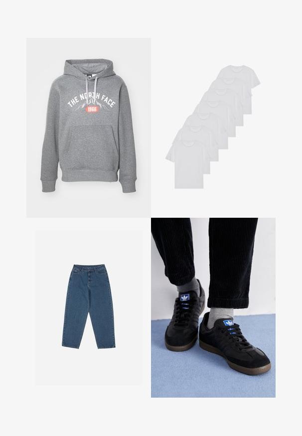 Pelēks kapučo svārks, izgatavots no kokvilnas maisījuma, ar priekšējo kangaroo kabatu, balto logo un gadu "1966" spilgti sarkanā krāsā. Ar aukliņu aizvēršanas sistēmu.; Baltie kokvilnas T-krekli, īsas piedurknes, apaļas izgriezuma dizains, vienkārša tekstūra, sakrauti rindā, ar smalku zīmolu pie kakla izgriezuma.; Zilā džinsu auduma bikses ar brīvu piegriezumu, augstu jostasvietu, piecu kabatu dizainu un šuvju akcentiem. Iekļauts pogu un rāvējslēdzēja aizdare.; Melni sporta apavi ar zamšas un ādas materiālu, ar zilu logo un brūnu gumijas zoli. Apvienoti ar pelēkiem zeķēm un korduroja biksēm.