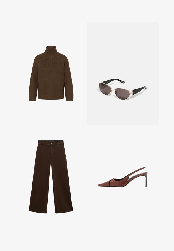 Brązowy sweter warkoczowy z wysokim kołnierzem, rękawami raglanowymi i prążkowaną fakturą. Luźny krój, w jednolitym kolorze, bez wzorów.; Brązowe spodnie o szerokich nogawkach z mieszanki bawełny, z postrzępionym dołem, przednim zapięciem na guzik i klasycznym pięciopocketowym wzorem. Minimalistyczne i uniwersalne.; Brązowe skórzane obcasy typu slingback z ostrym noskiem, wycięciem w przedniej części i smukłym obcasem w stylu stiletto. Gładka faktura.; Czarno-złote okulary przeciwsłoneczne o wąskiej, owalnej oprawie, ciemnych soczewkach i ozdobnych elementach w okolicy zauszników. Lekka i smukła konstrukcja.; Brązowa torba tote z zamszu z dwoma długimi paskami, zamknięciem na sznurek i minimalistycznym wzornictwem. Gładka tekstura i brak widocznych akcentów metalowych.