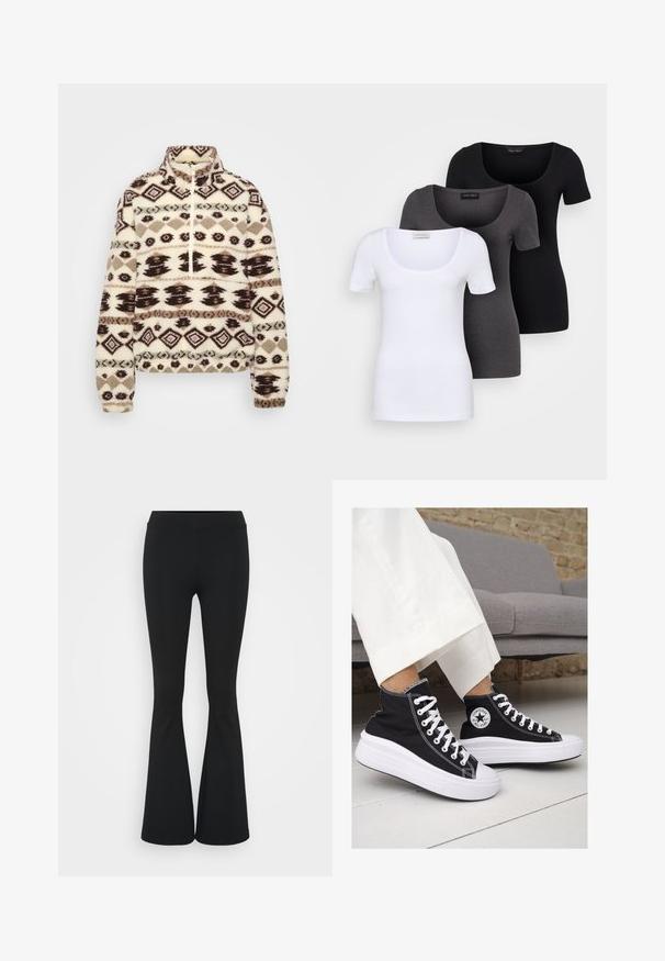 Φλις πουλόβερ σε κρέμα με γεωμετρικά σχέδια σε σκούρο καφέ και ταπιο, ψηλό γιακά, με μισό φερμουάρ μπροστά, και ελαστικές μανσέτες και στρίφωμα.; Τρία εφαρμοστά T-shirts σε λευκό, γκρι και μαύρο. Το καθένα διαθέτει φαρδιά στρογγυλή λαιμόκοψη και κοντά μανίκια. Κατασκευασμένα από μαλακό, ελαστικό ύφασμα.; Μαύρο φαρδύ παντελόνι από ελαστικό ύφασμα, με ψηλή μέση και λεία υφή. Το παντελόνι ανοίγει από το γόνατο.; Μαύρα καμβά sneakers με ψηλή φτέρνα, με λευκές καουτσούκ σόλες και κορδόνια. Διαθέτουν κυκλικό λογότυπο στο πλάι και εντυπωσιακή λευκή ραφή.