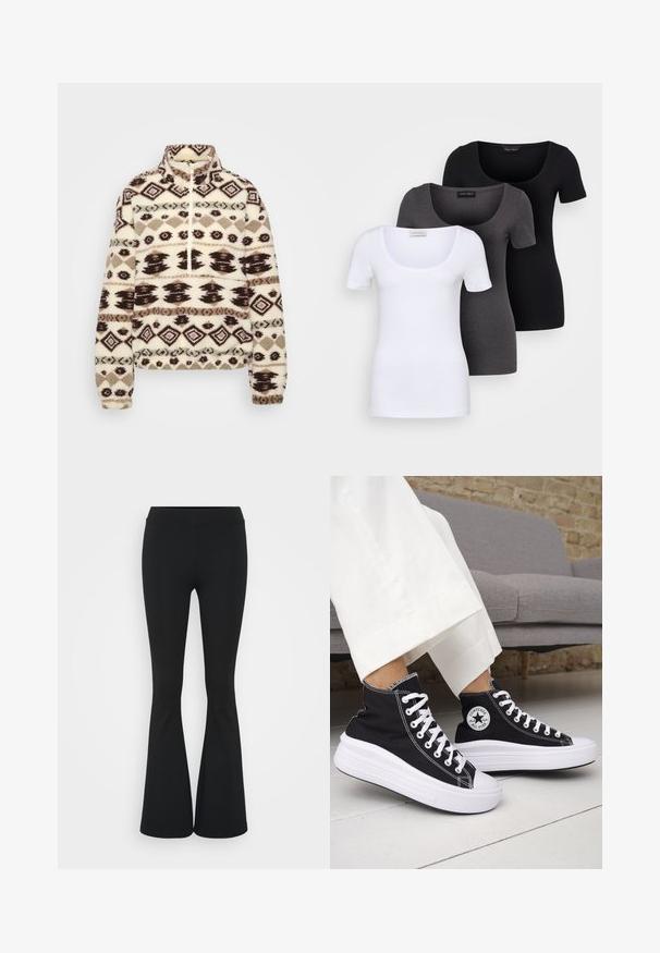 Polarowy pulower w kolorze kremowym z ciemnobrązowymi i taupe geometrycznymi wzorami, z wysokim kołnierzem, pół zamkiem z przodu oraz elastycznymi mankietami i dołem.; Trzy dopasowane koszulki w kolorze białym, szarym i czarnym. Każda z nich ma szeroki dekolt w serek i krótkie rękawy. Wykonana z gładkiego, elastycznego materiału.; Czarne spódnice dzwonowe wykonane z elastycznego materiału, z wysokim stanem i gładką fakturą. Spodnie rozszerzają się od kolana.; Czarne trampki typu high-top z białą gumową podeszwą i sznurówkami. Posiadają okrągłą naszywkę z logo oraz kontrastujące białe przeszycia. Wykonane z materiału płóciennego.