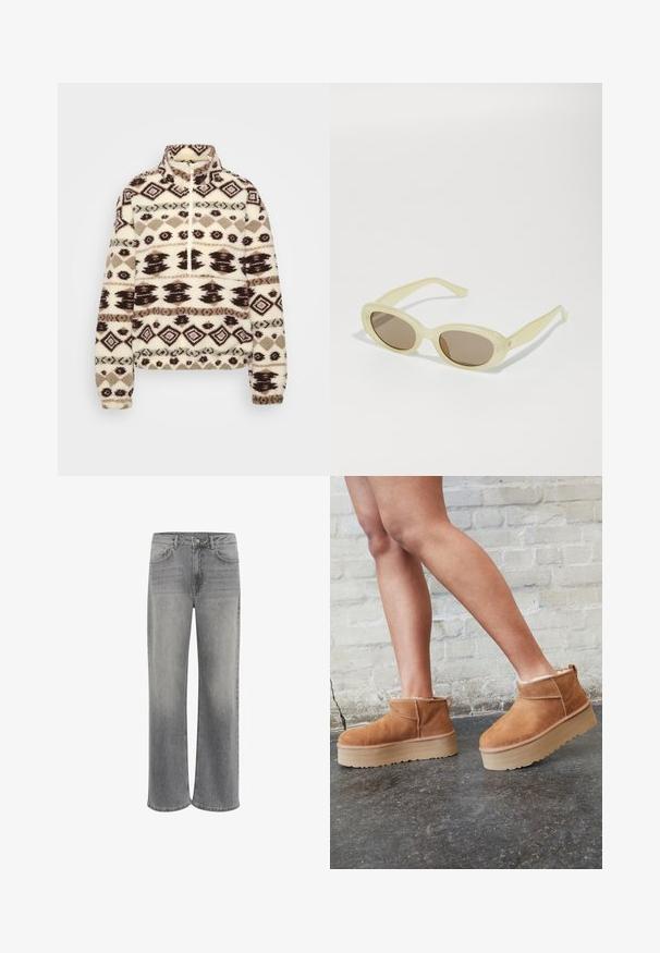 Fleece-pullover i krämfärg med mörkbruna och taupe geometriska mönster, hög krage, halv dragkedja framtill samt elastiska ärmslut och nederkant.; Vit t-shirt med kort ärm i bomull. Har en rundad halsringning och en avslappnad passform. Slät textur utan synliga mönster eller detaljer.; Breda jeans i grå denim, med hög midja, fem fickor, en knappstängning fram och subtil blekning på tyget.; Bruna mocka ankelskor med en fluffig foder, tjock beige plattformssula och en dragflik bak. Texturerad yta med synliga sömdetaljer.; Ovala solglasögon med en genomskinlig ljusgul ram och bruna linser. Har en mjuk yta och subtila hårdvaruaccenter på sidorna.