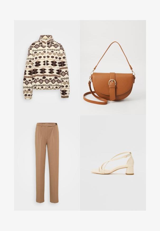 Fleece-pullover i krämfärg med mörkbruna och taupe geometriska mönster, hög krage, halv dragkedja framtill samt elastiska ärmslut och nederkant.; Bruna skräddarsydda byxor med rak ben, med en enda knappstängning och veckad framdesign. Slät textur, minimalistisk stil.; Beige klacksandaler med blockklack, remdesign och justerbart ankelsnöre, tillverkade av slätt syntetmaterial med matt yta.; Brun läder crossbody-väska med en böjd form, gyllene detaljer och en spänneaccent. Har en avtagbar axelrem.
