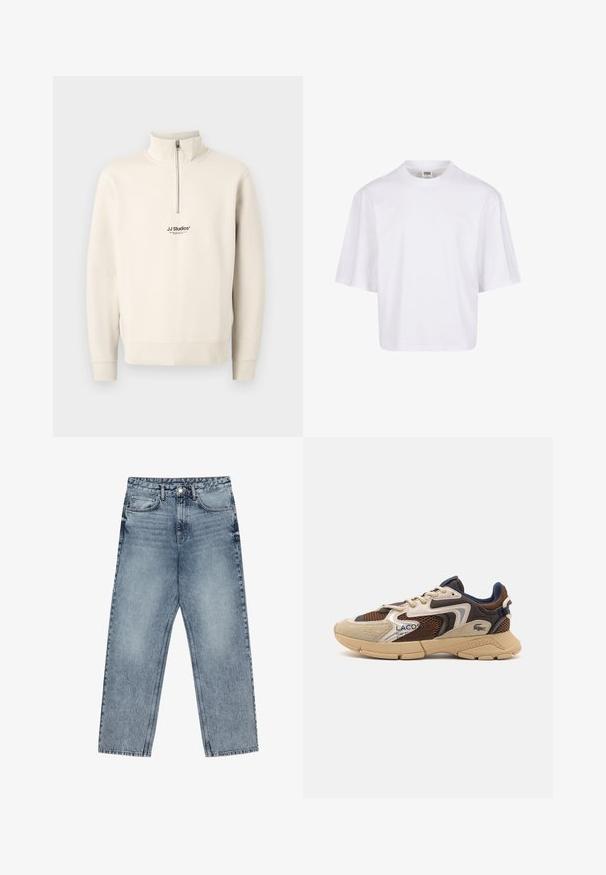 Felpa beige con zip a quarto, maniche lunghe e polsini a coste. Presenta un piccolo logo nero "JJ Studios" sul petto. Realizzata in materiale morbido.; Maglietta bianca a maniche corte con scollo rotondo e vestibilità rilassata, realizzata in un morbido tessuto misto cotone. Senza motivi né decorazioni.; Jeans in denim azzurro chiaro con taglio a gamba dritta, cuciture visibili, design a cinque tasche e chiusura a bottoni in vita.; Sneaker beige e marrone con pannelli in mesh testurizzati, accenti in suede e suola in gomma. Presenta un design con lacci e dettagli brandizzati.