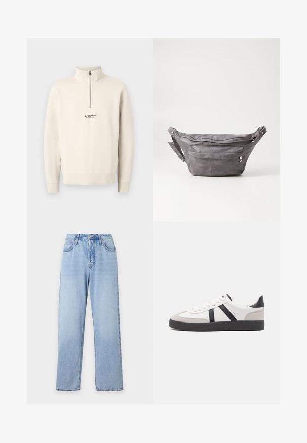 Felpa beige con zip a quarto, maniche lunghe e polsini a coste. Presenta un piccolo logo nero "JJ Studios" sul petto. Realizzata in materiale morbido.; Jeans in denim blu chiaro con vestibilità dritta, vita alta, cinque tasche e chiusura con bottone superiore. Presentano un lavaggio sbiadito e cuciture a contrasto.; Sneaker bianco con accenti neri e grigi, dotata di una punta grigia testurizzata, suola in gomma nera e lacci bianchi piatti. Design pulito, stile minimalista.; Fanny pack in suede grigio con forma arrotondata, due scomparti con cerniera e tracolla regolabile. Presenta dettagli in metallo.