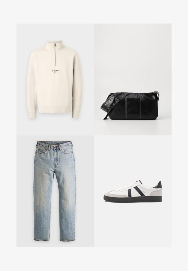 Beige quarter-zip sweatshirt with long sleeves and ribbed cuffs. Features a small black "JJ Studios" logo on the chest. Made of soft material.; Light blue denim jeans with high waist, front button, zipper, and five-pocket design, laid flat on a neutral background.; White sneaker with black and gray accents, featuring a textured gray toe cap, black rubber sole, and flat white laces. Clean design, minimalist style.; Black leather shoulder bag with a zip closure, featuring a textured body, white stitching, and a strap with silver grommets.