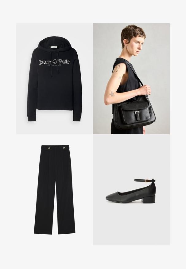 Marc O'Polo LONG SLEEVE HOODED LOGO PRINT - Camisola - black; Calças largas pretas com cintura alta, detalhes em botão na cintura e pregas frontais.; Sandal de pele preta com bico pontiagudo e um salto bloco baixo. Apresenta uma tira no tornozelo com uma fivela em tom dourado. Textura suave.; Bolsa de ombro em couro preto com aba frontal, detalhe de fivela e textura suave. Apresenta uma alça de ombro única e um design minimalista.