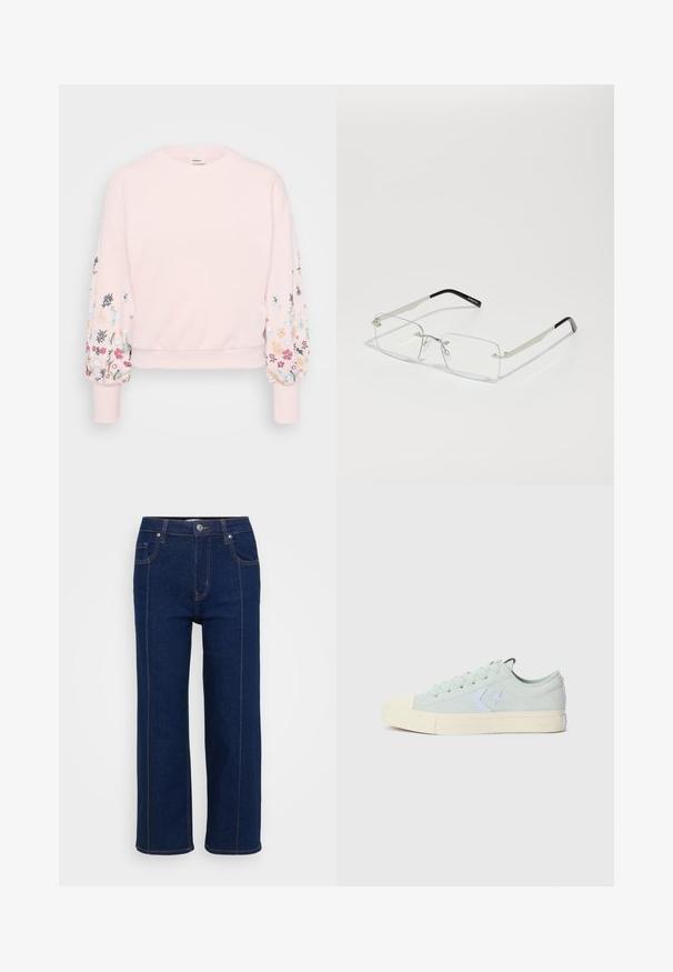 ONLY Petite ONLBROOKE O NECK FLOWER - Camisola - potpourri; Jeans de perna larga azul-escuro feitos de denim, com fecho de zíper frontal, botão metálico e costura laranja em contraste nas costuras.; Sapatilhas de lona verde-mint claro com biqueira de borracha, logótipo de estrela branca e sola de borracha cor creme. Apresenta um design clássico de atacadores.; Óculos retangulares com lentes transparentes, com uma armação fina em metal prateado e ponteiras em acetato preto. Possui um hardware minimalista para um design elegante.
