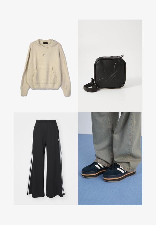 Fuzzy beige hoodie with a front pocket, ribbed cuffs, and a drawstring hood. Features "Pegador" logo in black on the chest.; Black wide-leg sweatpants with an elastic waistband, featuring white side stripes and an embroidered logo on the left thigh.; Dark blue suede platform sneakers with white stripes and black laces. Features a thick brown rubber sole. Worn with light blue denim pants.; Black square crossbody bag made of textured synthetic material. Features an embossed logo design and adjustable strap. Zipper closure.