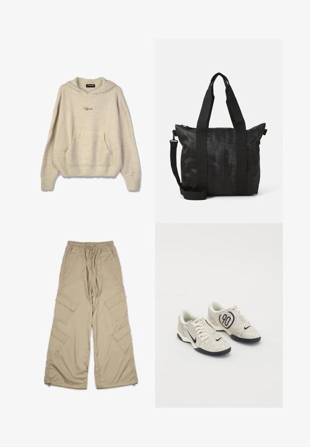 Chlupatá béžová mikina s kapucí, přední kapsou, žebrovanými manžetami a stahovací šňůrkou. Na hrudi je černé logo "Pegador".; Béžové cargo kalhoty s elastickým pasem, několika bočními kapsami a volným střihem. Vyrobeny z lehké, hladké tkaniny se švy.; Nike tenisky s béžovým a šedým texturovaným svrškem, černými akcenty, velkým logem "90" a bílým šněrováním. Černá podrážka.; Černá taška přes rameno s texturovanou tkaninou, dvojitými rukojeťmi a odnímatelným ramenním popruhem. Disponuje zipovým uzávěrem pro bezpečné uložení.