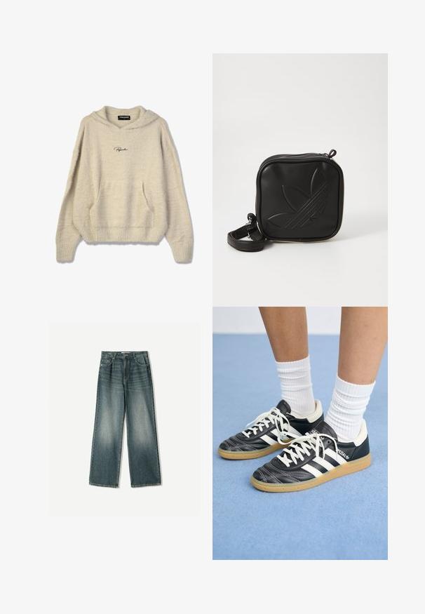 Mekani bež dukserica s kapuljačom, prednjim džepom, rebrastim manžetama i vezicom za podešavanje. Na grudima se nalazi crni logo "Pegador".; Široke traperice u izblijedjeloj plavoj boji, s pet džepova, kopčanjem na gumbi i suptilnim izgužvanjem sprijeda.; Crne kožne atletike s bijelim trakama, okruglim prstima, bijelim vezicama i gumeni potplat. Naglašene jastučićem oko gležnja i detaljima s brandingom.; Crna kvadratna torbica preko tijela napravljena od teksturiranog sintetičkog materijala. Ima urezani dizajn logotipa i podesivu traku. Zatvaranje na patentni zatvarač.