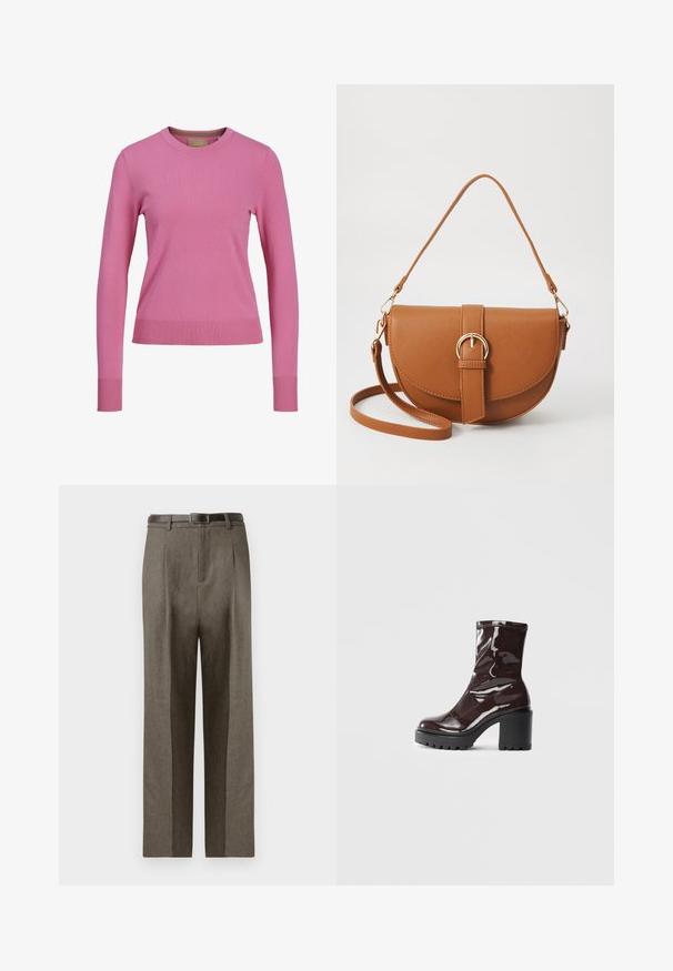 Sweater rosa de gola redonda de mangas longas com punhos e orla canelados, exibido sobre um fundo branco.; Calças sob medida castanhas com um corte reto, apresentando uma textura suave, passantes para cinto e um design de frente plana.; Bota de tornozelo burgundy brilhante com um salto preto robusto, apresentando uma textura suave e um design simples. Sem fechos ou padrões visíveis.; Bolsa transversal de couro castanho com um formato curvado, ferragens douradas e um detalhe de fivela. Inclui uma alça de ombro destacável.