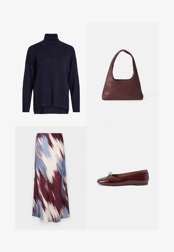 Jūras zila augsta apkakle ar brīvu piegriezumu, ribotām piedurknēm un apakšmalu, ar centrālo šuvju detaļu un mīkstu tekstūru.; Garais svārki ar diagonālu saistīto krāsu rakstu bordo, zilā un krējuma krāsās, izgatavoti no mīkstas auduma, kam ir plūstoša silueta un neliels spīdums.; Burgundijas laku ādas baleta kurpes ar noapaļotu purngalu, nelielu loku akcentu priekšā un zemu melnu gumijas zoli. Gluda tekstūra.; Burgundijas krāsas ādas rokassoma ar trīsstūra formu, atvērta augšdaļa un izsieta detaļa gar rokturi. Gluda tekstūra ar matētu apdari.