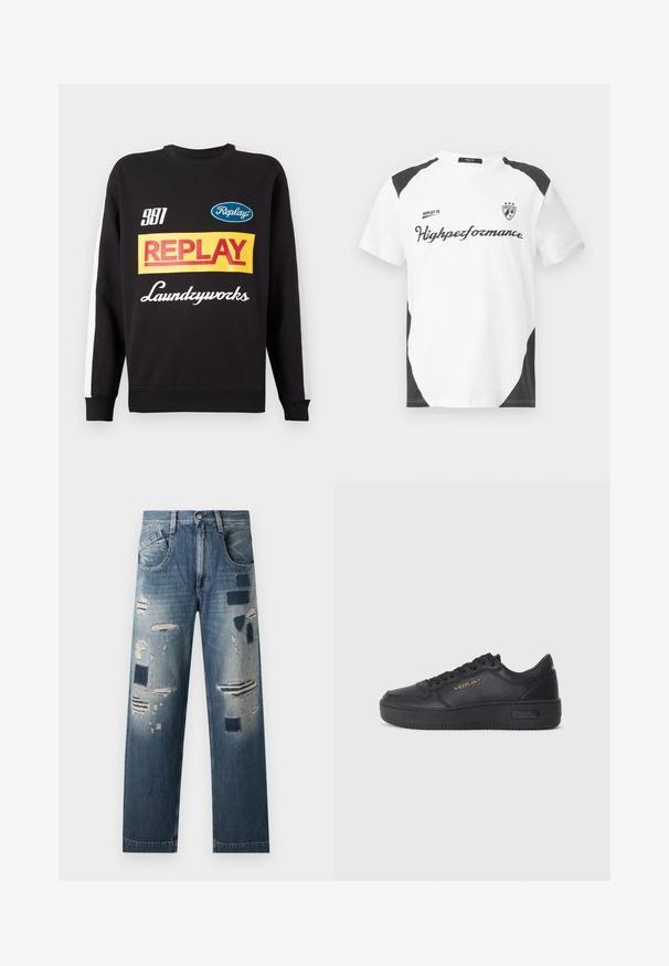 Black crewneck sweatshirt with white stripes on sleeves, featuring multicolored "Replay" and "Laundryworks" text logos on the front.; White short-sleeve t-shirt with black accents. Features "REPLAY FC" logo and "Highpeformance" text in a sporty font. Made from a smooth material.; Denim jeans with distressed patches and varying shades of blue, featuring a straight-leg cut and traditional five-pocket design.; Replay EPIC HIGH - Trainers - black