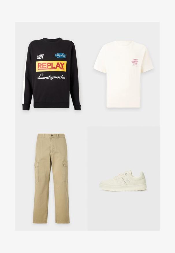 Felpa nera con colletto a girocollo e strisce bianche sulle maniche, con i loghi testuali "Replay" e "Laundryworks" multicolore sul davanti.; T-shirt bianco a maniche corte con testo rosso "Studio Originals Edition" sul lato sinistro del petto, esposto su uno sfondo grigio neutro.; Pantaloni cargo beige in cotone, dotati di due tasche laterali, chiusura con bottone e gamba dritta con tessuto leggermente texture.; Sneaker color crema con dettagli perforati, lacci e logo sul lato, esposta su uno sfondo bianco semplice.