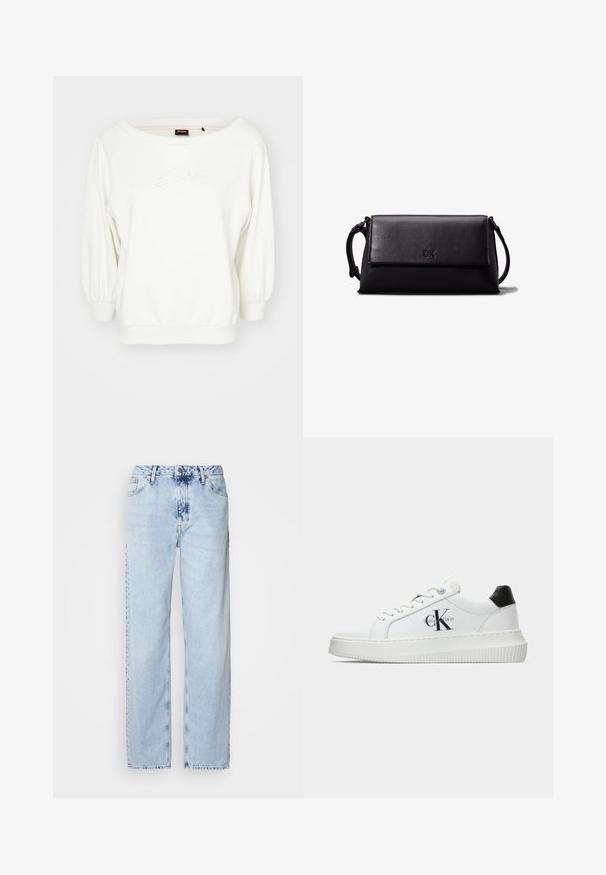 Balts džemperis ar plašu kakla izgriezumu un apjomīgām piedurknēm. Aprīkots ar izšūtu tekstu smalkā dizainā. Izgatavots no mīkstas, teksturētas auduma.; Gaiši zilas platās kājas džinsi, izgatavoti no denima, ar augstu jostas vietu, izbalinātu krāsu un smalku krāsošanas rakstu priekšpusē.; Baltā zema topa sporta apavas ar melnu papēža cilni, platformas zoli, auklēm un Calvin Klein "CK" logo sānos.; Melna ādas maku ar taisnstūra formu, gludu tekstūru, platu aizdari un nelielu rokturi sānos. Satur diskretu logo.