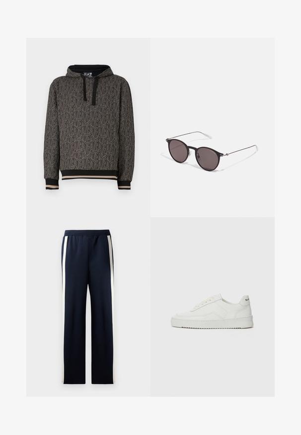 Felpa con cappuccio scuro caratterizzata da un motivo geometrico ripetuto, realizzata in un tessuto testurizzato. Cappuccio con lacci neri e polsini a righe alla base.; Pantaloni della tuta blu navy con design a gamba larga, caratterizzati da strisce verticali color crema sui lati. Realizzati in un morbido tessuto testurizzato con una cintura elastica.; Sneaker in pelle bianca con una finitura liscia, punta rotonda, lacci piatti e suola testurizzata. Presenta un logo discreto sul tallone.; Occhiali da sole neri rotondi con lenti scure e sottili bracci in metallo. Include punte trasparenti e accenti argentati alla cerniera. Design minimalista.