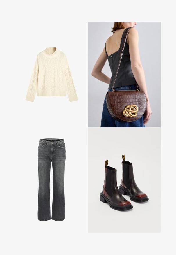 GANT CABLE - Strickpullover - cream; Weite Jeans aus dunkelgrauem Denim mit klassischem Fünf-Taschen-Design, genähten Details und einem Knopfverschluss an der Taille.; Dr. Martens MAYBOLE CHELSEA - Plateaustiefelette - black/cherry red; Braune, krokodilgeprägte Lederhandtasche mit einer geschwungenen, strukturierten Form und einem goldenen Knotenakzent. Verstellbarer Riemen und glatte Textur.