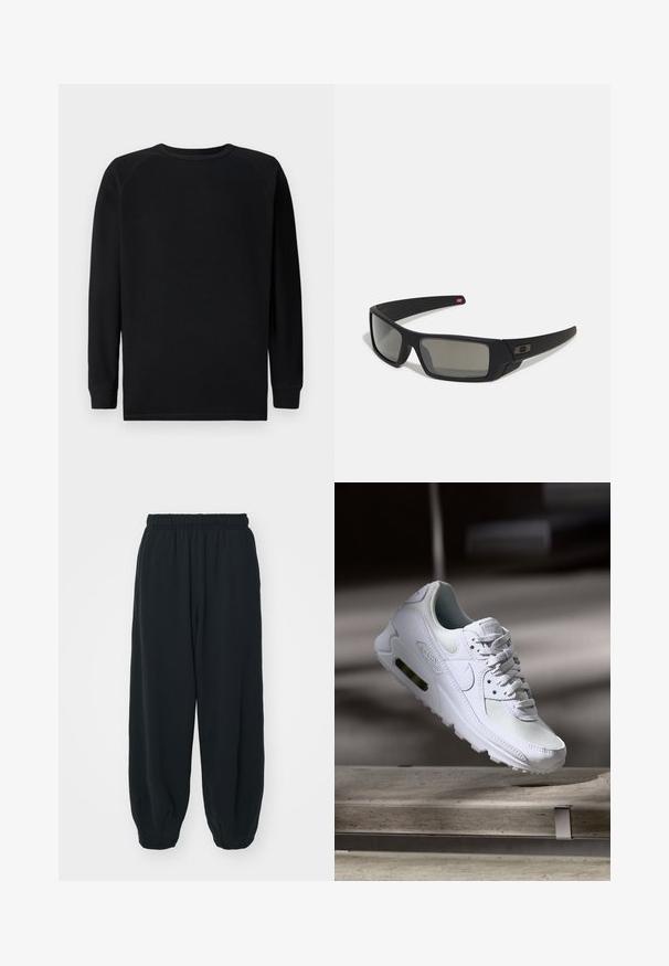 Black long-sleeve shirt with a textured, waffle knit design. Features a round neckline and ribbed cuffs. No visible logos or patterns.; Black, elasticated-waist sweatpants with a loose fit, cuffed ankles, smooth texture, and no visible patterns or hardware accents.; White Nike Air Max 90 sneaker featuring a mesh and leather upper, perforated toe box, and a visible air unit in the heel.; Black sunglasses with a matte finish, rectangular lenses, slight curve on temples, subtle logo detail, and smoke-tinted lenses.