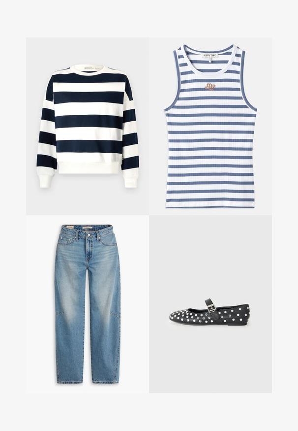 Marineblauw en witte gestreepte sweatshirt met een ronde hals, lange mouwen en geribde manchetten. Zachte stof met een ontspannen pasvorm.; Gestreept tanktop met afwisselend blauw en witte ribstof. Het ontwerp heeft een klein bruin logo op de borst en blauwe biezen bij de hals.; Lichtblauwe spijkerbroek van denim met een losse pasvorm, rechte pijpen, een knoopsluiting en vijf zakken, voorzien van subtiele vervaging en stikseldetails.; Zwarte leren platte schoen met een ronde neus, voorzien van zilveren studs in een gestippeld patroon en een gespband over de wreef.