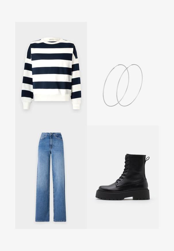 Námornícky modrá a biela pruhovaná mikina s okrúhlym výstrihom, dlhými rukávmi a rebrovanými manžetami. Mäkká tkanina s uvoľneným strihom.; Svetlomodré široké džínsy vyrobené z denimu, s vysokým pásom, prednými vreckami a štandardným zapínaním na gombík. Hladká textúra.; Čierne kožené členkové topánky s okrúhlou špičkou, šnurovaním vpredu a hrubou gumovou podrážkou s textúrovaným vzorom. Sťahovací pútko na zadnej strane.; Strieborné kruhové náušnice s minimalistickým dizajnom. Cirkulárny tvar, hladký povrch a tenký profil. Ľahké s lesklým povrchom.