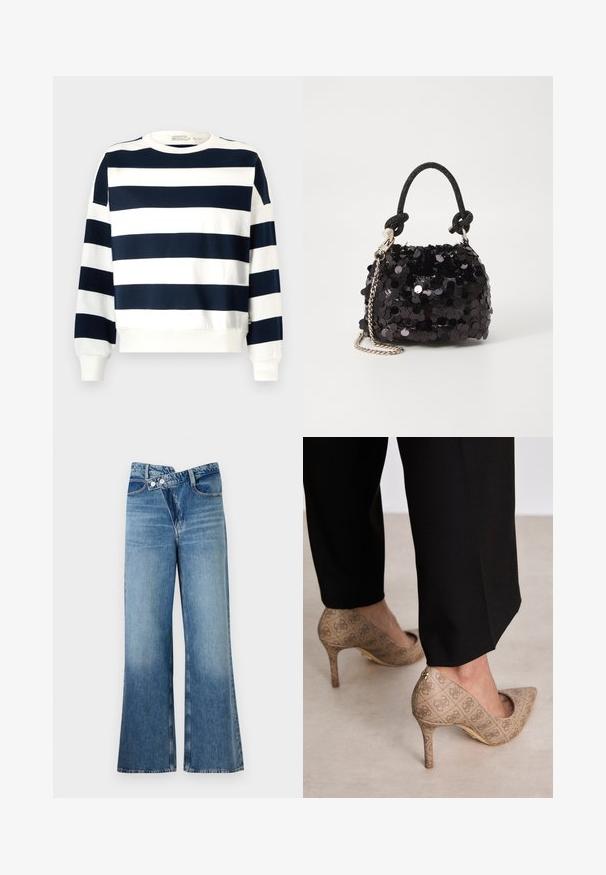 Sinine ja valge triibuline sviiter, millel on ümar kaelus, pikad varrukad ja soonikkoes mansetid. Pehme kangas ning laiem lõige.; Heledad sinise denimi laienevad teksad kõrge vöökohaga, millel on kaks nööpi ja eesnahk. Kangas on tuhm tekstuuriga, kus on kergeid varieeruvaid toone.; Beige kõrged kontsad, mis on valmistatud tekstureeritud kangast, millel on korduv muster. Terava nina disain tagakülje aktsendi ja kuldse kontsiga.; Must have mustrõngus mustal sädelev mini käekotil on sõlme tekstuuriga rihm ja hõbedane ketis. Ümar kuju, kokku kogutud ülaosa ja peegeldav detail.