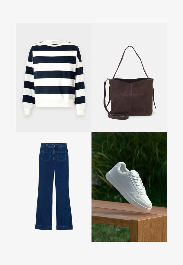 Marineblauw en witte gestreepte sweatshirt met een ronde hals, lange mouwen en geribde manchetten. Zachte stof met een ontspannen pasvorm.; Donkerblauwe denim flared jeans met een gladde textuur, vijf zakken en een knoopsluiting aan de taille.; Witte sneaker met een gladde synthetische bovenkant, geperforeerde neus, platte veters en een gestructureerde zool, tentoongesteld op een houten oppervlak.; Bruine suède schoudertas met een zachte textuur, voorzien van een enkele schouderband en een subtiele, gebogen bovenopening. Geen zichtbare hardwaredetails.