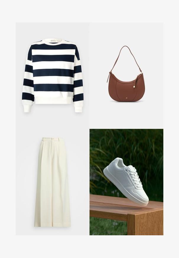 Hanorac cu dungi navy și alb, având guler rotund, mâneci lungi și manșete din tricot. Material moale cu un design relaxat.; Pantaloni evazați din țesătură albă, cu talie înaltă, pliseuri duble și închidere cu nasture. Textură netedă și design croit.; Sneaker alb cu un upper sintetic neted, cu vârf perforat, șireturi plate și o talpă texturată, expus pe o suprafață de lemn.; Geantă de umăr din piele ecologică maro, cu o formă curbată, cusături minime și un accent din metal auriu. Are un închidere cu fermoar în partea de sus și o curea ajustabilă.