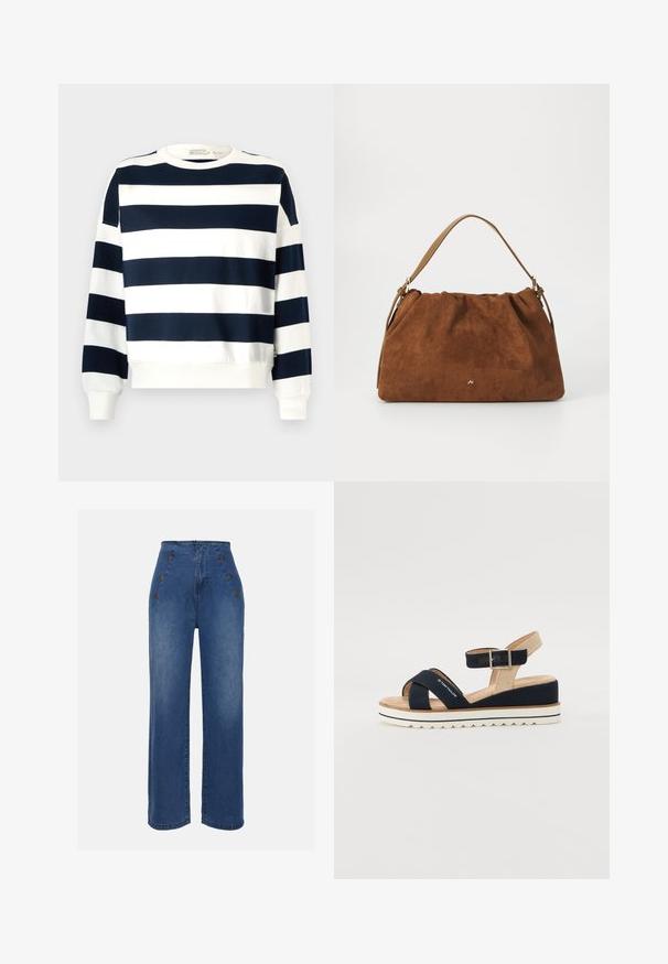 Námornícky modrá a biela pruhovaná mikina s okrúhlym výstrihom, dlhými rukávmi a rebrovanými manžetami. Mäkká tkanina s uvoľneným strihom.; Džíny s vysokým pásom v strednej modrej farbe. Obsahujú predné gombíkové detaily a široký strih nohavíc. Látka má hladkú štruktúru s miernym vyblednutím.; Námornícka modrá sandála s dvoma textilnými popruhmi, nastaviteľným popruhom na členku a textúrovaným béžovým zázemím. Hrubá, biela, vlnitá podošva. Značka potlačená na popruhu.; Hnedá semišová kabelka s nariaseným dizajnom, s jedným koženým remienkom v svetlohnedej farbe a jemným zlatým logom na prednej strane.