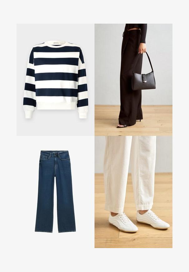Námornícky modrá a biela pruhovaná mikina s okrúhlym výstrihom, dlhými rukávmi a rebrovanými manžetami. Mäkká tkanina s uvoľneným strihom.; Džíny s širokými nohavicami v tmavomodrej farbe, s piatimi vreckami, zapínaním na gombíky a jemnými švovými detailmi.; Biele športové topánky s hladkým koženým povrchom, šnurovacím systémom a tvarovým dizajnom. Nosia sa so svetlobéžovými kordovými nohavicami.; Čierna kabelka so štruktúrovaným tvarom, hladkou textúrou a kovovou sponou. V kombinácii so širokými čiernymi nohavicami a sandálmi s otvorenou špičkou na drevenej podlahe.