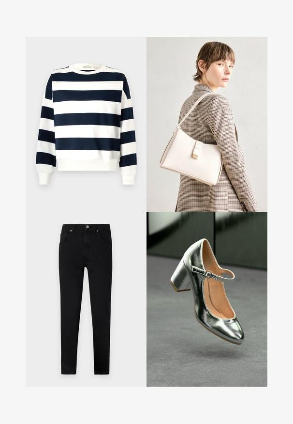 Marineblauw en witte gestreepte sweatshirt met een ronde hals, lange mouwen en geribde manchetten. Zachte stof met een ontspannen pasvorm.; Zwarte spijkerbroek van denim met een slim fit, voorzien van een sluiting met een knop aan de voorkant, riemlussen en een klassieke vijf-pocketontwerp. Gladde textuur.; Metallische zilveren Mary Jane-hakken met een afgeronde neus, enkelbandje en blokhak, met een gladde textuur en een lichtbruine binnenkant.; Witte leren handtas met een gestructureerd ontwerp, voorzien van een magneetsluiting en een schouderriem, tentoongesteld tegen een neutrale achtergrond.
