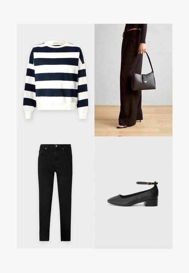 Marineblauw en witte gestreepte sweatshirt met een ronde hals, lange mouwen en geribde manchetten. Zachte stof met een ontspannen pasvorm.; Zwarte spijkerbroek van denim met een slim fit, voorzien van een sluiting met een knop aan de voorkant, riemlussen en een klassieke vijf-pocketontwerp. Gladde textuur.; Zwarte leren pump met een spitse neus en een lage blokhak. Beschikt over een enkelband met een goudkleurige gespsluiting. Gladde textuur.; Zwarte handtas met gestructureerde vorm, gladde textuur en een metalen sluiting. Gecombineerd met brede zwarte broeken en sandalen met open teen op een houten vloer.