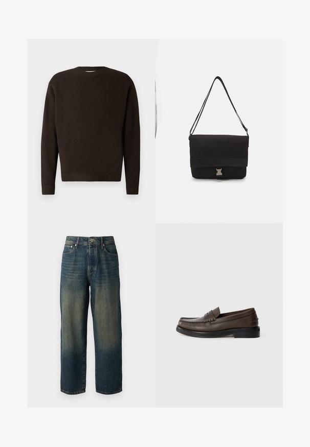 Sötétbarna kereknyakú pulóver texturált szövetből készült. Hosszú ujjak és bordás mandzsetta, valamint alsó szegély jellemzi. Minimalista design, minták vagy kiegészítők nélkül.; Kék farmernadrág egyenes szabással, elhasználódott dizájnnal, a szár aljához közel világosabb árnyalatokkal, öt zsebbel és gombbal záródik.; Barna bőrből készült mokaszin, varrott részlettel az orrán, lapos talppal és alacsony, rétegezett sarokkal. Simább textúrájú, minimalista dizájn elemekkel.; Fekete üzenetküldő táska sima anyagból, hajtókás fedéllel, ezüst csattal és állítható vállpánttal.