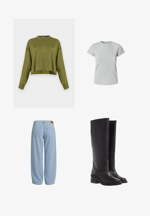 Oliivivihreä pitkähihaisella cropped-neuleella, jossa on korkea pyöreä kaula-aukko ja ribbireunukset valkoista taustaa vasten.; Harmaa puuvillapaita lyhythihaisella ja pyöreällä kaula-aukolla. Sujuva rakenne, klassinen malli, eikä näkyviä kuvioita tai somisteita.; Vaaleansiniset farkut, joissa on rento malli. Niissä on kaksi takataskua, vyötärö, jossa on ruskea nahkapaikka, ja kapenevat nilkat.; Mustat nahkaiset polvipituiset saappaat, joissa on sileä pinta, pyöreä kärki ja leveä korko. Niissä on hienovaraisia ompeleita ja virtaviivainen muotoilu.