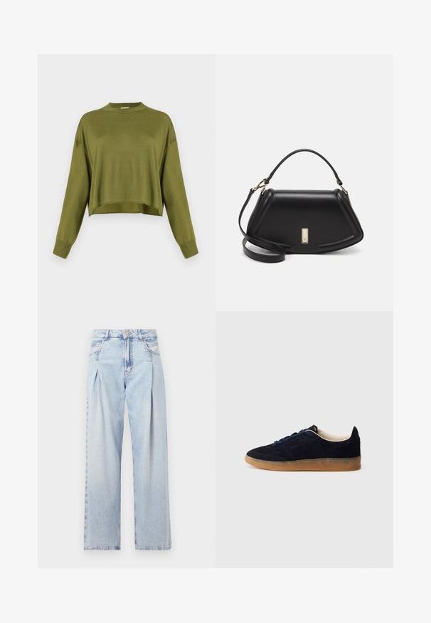 Olive green long-sleeve cropped sweater with a high crew neck and ribbed cuffs against a white background.; Light blue denim jeans with a high waist, wide-leg cut, two side pockets, and pleated design feature. Soft texture with a faded finish.; Navy suede sneaker with a gum rubber sole, blue laces, and minimalist design. Features embossed logo on the side and smooth inner lining.; Black leather handbag with a structured design, featuring a cropped shape, top handle, and gold hardware accent. Adjustable shoulder strap included.