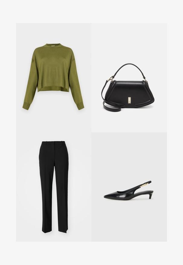 Olivgrüner, langärmeliger, taillierter Pullover mit hohem Rundhals und gerippten Bündchen vor einem weißen Hintergrund.; Schwarze, taillierte Hose mit geradem Bein, aus einem glatten Stoff und mit klaren Falten an der Vorderseite. Keine sichtbare Hardware.; Schwarze Leder-Slingback-Pumps mit spitzem Schuhblatt, ausgestattet mit einem schlanken Absatz und einem goldfarbigen Akzent am verstellbaren Riemen. Glatte Textur.; Schwarze Lederhandtasche mit einem strukturierten Design, das eine verkürzte Form, einen oberen Griff und goldfarbene Hardware-Details aufweist. Verstellbarer Schulterriemen ist enthalten.