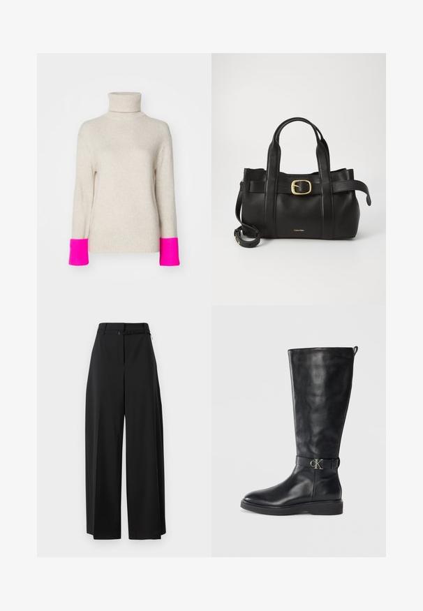 FROM FUTURE Jumper - beige; Black wide-leg trousers with a high waist and a belt. Features a smooth texture and clean lines, designed for a relaxed fit.; Black leather knee-high boot with low heel, round toe, and metallic "CK" logo buckle strap around the ankle.; Black leather handbag featuring a structured design, dual top handles, gold-tone buckle accent, and embossed brand logo at the front.