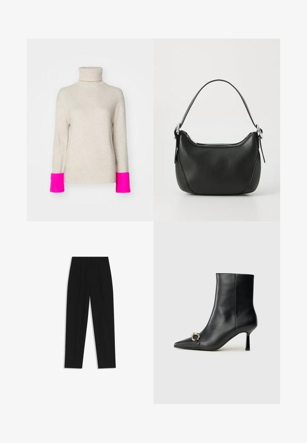 FROM FUTURE Jumper - beige; Black trousers with a straight fit, featuring double pleats, a smooth texture, and a classic waistband design. No visible hardware or accents.; Black leather ankle boot with pointed toe, slim mid-height heel, and silver buckle detail on side against plain background.; Black leather handbag with a curved shape, silver zipper, and a short handle. Features a subtle logo on the front and smooth texture.